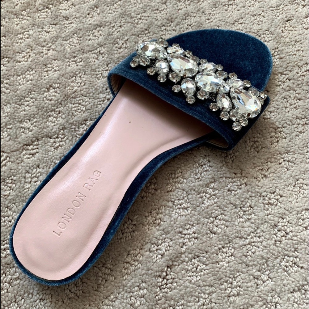 Beautiful blue velvet embellished slides